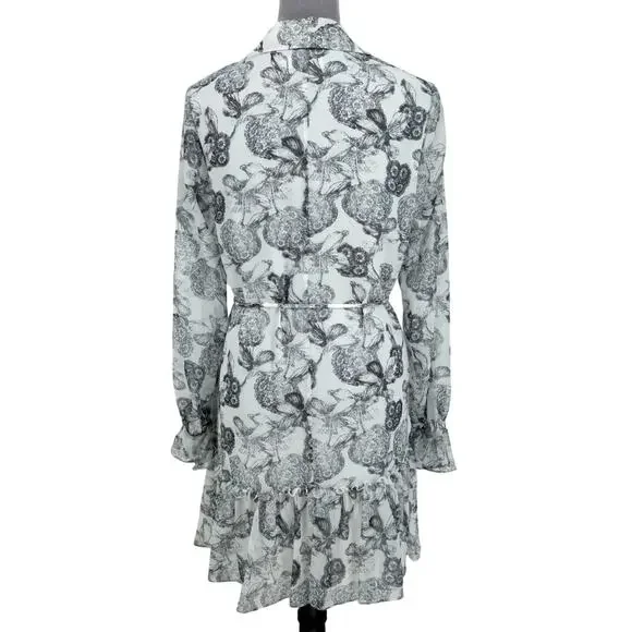 Ted Baker 2 Dress Womens 6 White Black Floral Ruffles Chiffon Tie Waist Lined - Picture 2 of 16